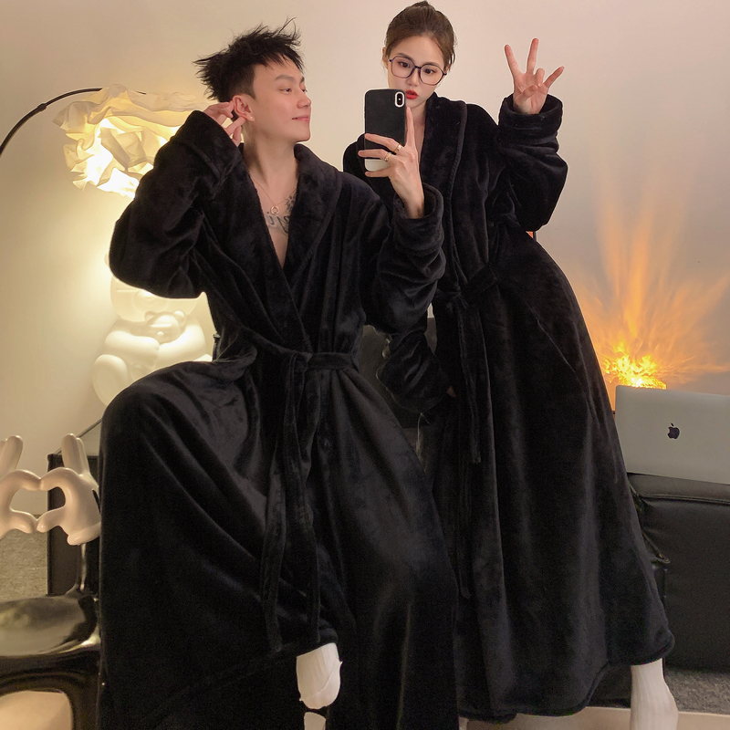 Couple's Pajamas for Autumn and Winter, Coral Fleece, Thickened, Unisex, Large Size, Long Bathrobe, Flannel Sleepwear