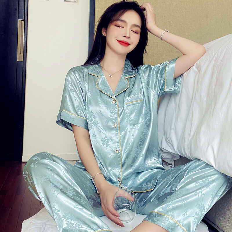 Women's Summer Pajamas, Ice Silk Short-Sleeved Long Pants, Thin Set, Plus Size, Large Size, Plus-Size Women, 100kg Floral Home Wear Women's Summer Pajamas, Ice Silk Short-Sleeved Long Pants, Thin Set, Plus Size, Large Size, Plus-Size Women, 100kg Floral Home Wear