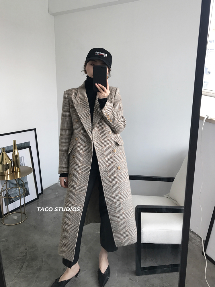 TACO Camel Houndstooth kiểm tra mỏng đôi ngực phù hợp với thắt lưng áo khoác dài áo khoác nữ dáng dài
