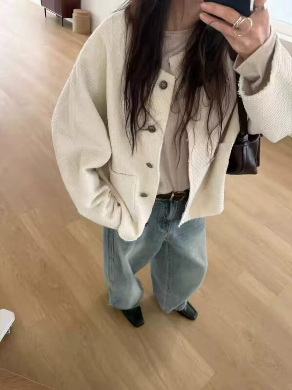 Korean Dongdaemun Tug Round-Neck Frayed Loose-Fitting Chanel-Style Jacket*