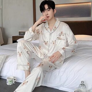 Ice Silk Pajamas for Men, Spring, Autumn and Summer 2025 New Style, Long-Sleeved, Long Pants, Imitation Silk Satin, Outerwear, Home Wear Set