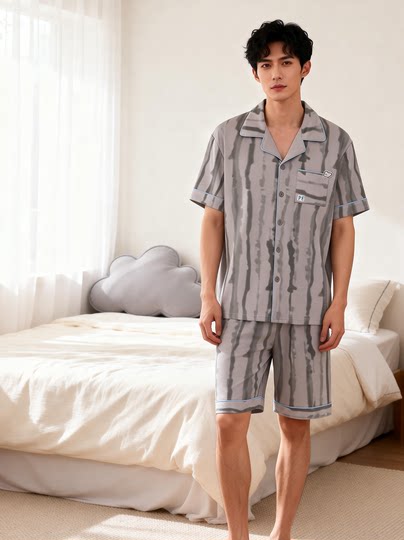 Pajamas for Men, Summer, Pure Cotton, Short-Sleeved Shorts, Thin, Cool Cardigan, Home Wear, Super Soft Suit for Boys