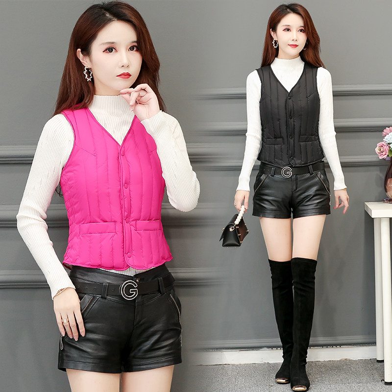 2022 New autumn and winter feather cotton vest feather thin warm vest short - term v - collar shoulder to repair