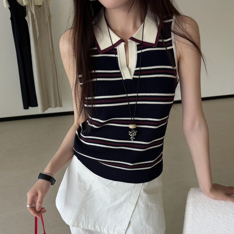 Striped Knit Top for Women, Summer Color-Blocked Lapel Vest, Sleeveless Polo Collar, Old Money Style Blouse, Women's Top Striped Knit Top for Women, Summer Color-Blocked Lapel Vest, Sleeveless Polo Collar, Old Money Style Blouse, Women's Top