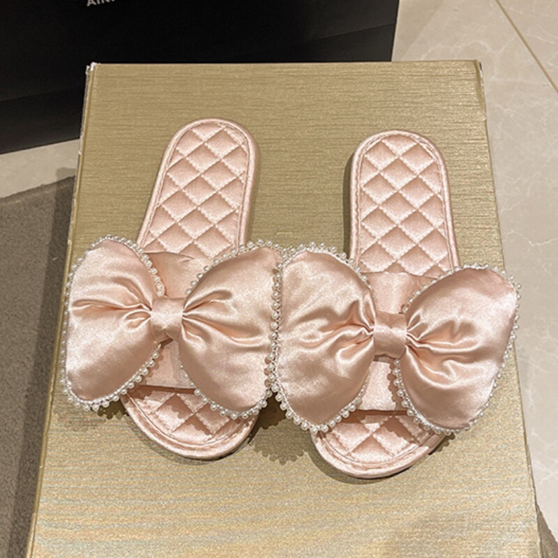 French-Style Pearl Bow Satin Bride and Bridesmaid Wedding Slippers for Home, Hotel, Indoor Non-Slip Household Slippers