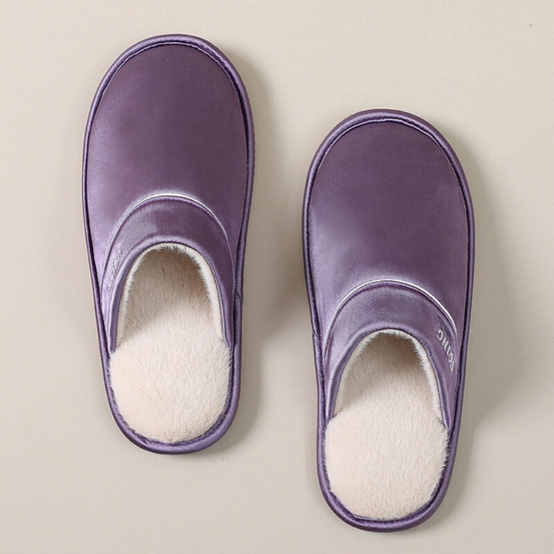 Scandinavian Style Simple Embroidered Satin Fleece-Lined Couple Cotton Slippers Autumn and Winter Home Indoor Non-Slip Warm Home Slippers