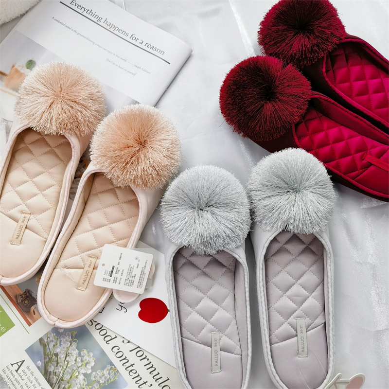 Spring and Autumn ins Style Shallow Mouth Tassel Pom-Pom Plaid Fabric Home Non-Slip Soft Sole Silent Wooden Floor Household Slippers
