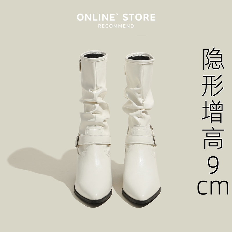 Women's Vintage Slimming Riding Boots with Internal Height Increase, Belt Buckle, Pointed Toe, and White Pleated Mid-Calf Design Women's Vintage Slimming Riding Boots with Internal Height Increase, Belt Buckle, Pointed Toe, and White Pleated Mid-Calf Design