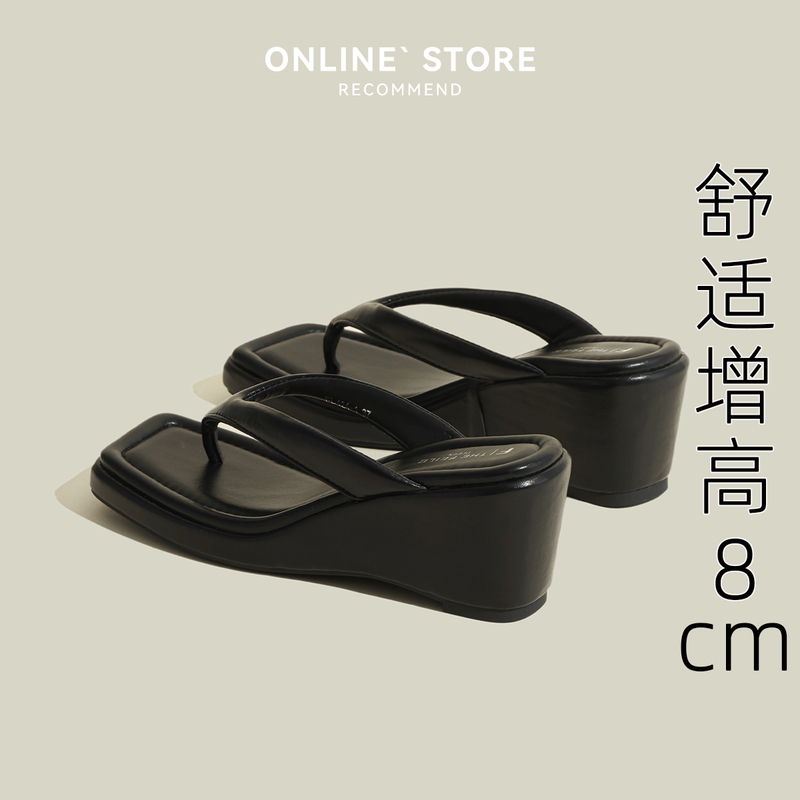Black Wedge Flip-Flops for Women, Summer Thick-Soled 8cm Height-Increasing Thong Sandals, Non-Slip Beach Slippers, High-Heeled Sandals
