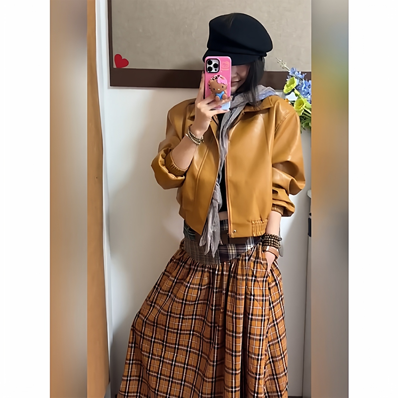 Autumn New French Retro Plaid High-Waisted Skirt Two-Piece Set Plus-Size Leather Jacket with Lapel for Women Autumn New French Retro Plaid High-Waisted Skirt Two-Piece Set Plus-Size Leather Jacket with Lapel for Women