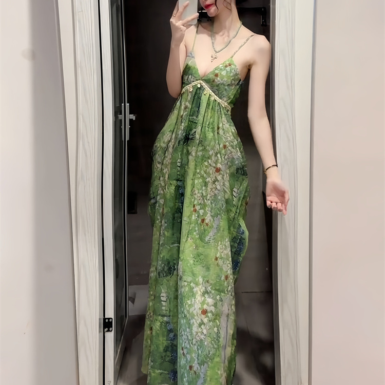 Summer New Plus-Size Beautiful Vacation-Style Green Spaghetti Strap Dress, New Chinese-Style Retro Beautiful Long Dress for Women