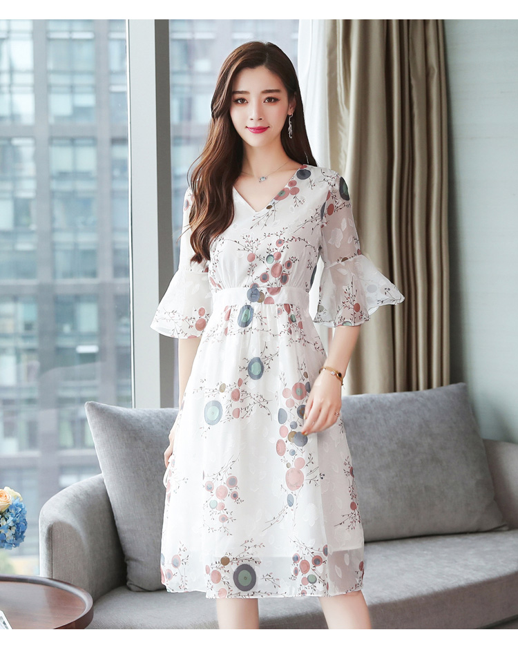 VK旗艦店 韓國風雪紡氣質超仙顯瘦收腰喇叭袖長袖洋裝