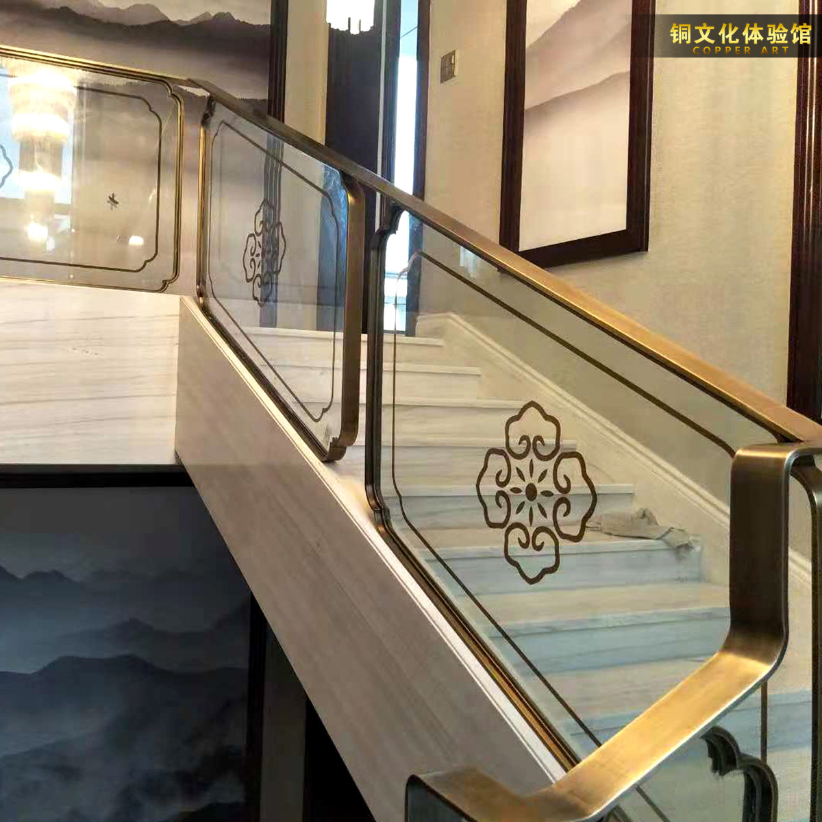 Custom Wire Drawing Pure Copper Decoration Guard Rail Indoor Staircase Armrest New Chinese Railing Tempered Glass Full Copper Fence