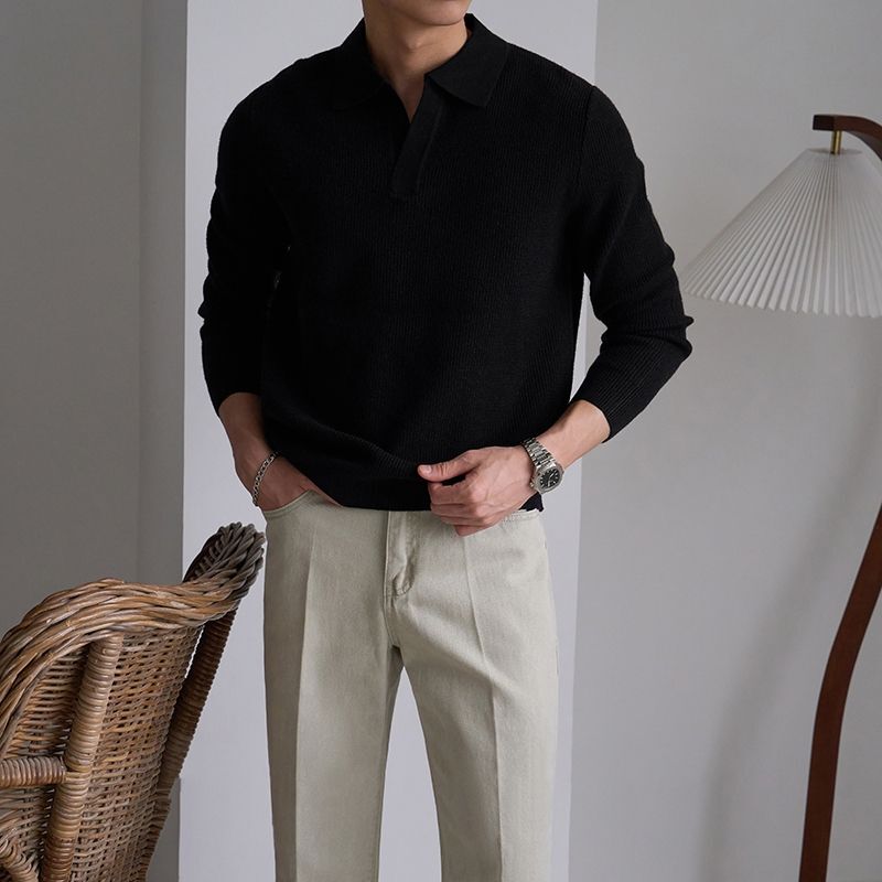 American-Style Autumn and Winter Heavyweight V-Neck Knit Pullover Sweater for Men, Warm Inner Layer with a Turn-Down Collar, Long-Sleeve Polo Jacket American-Style Autumn and Winter Heavyweight V-Neck Knit Pullover Sweater for Men, Warm Inner Layer with a Turn-Down Collar, Long-Sleeve Polo Jacket