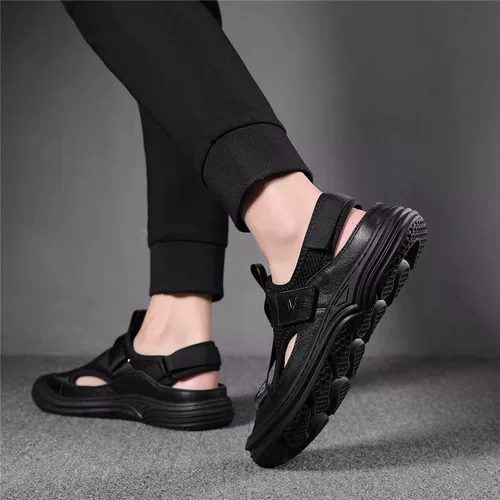 Летние сандалии, пляжные дышащие трендовые туфли для отдыха для кожаной обуви, мягкая подошва, 2023, из натуральной кожи