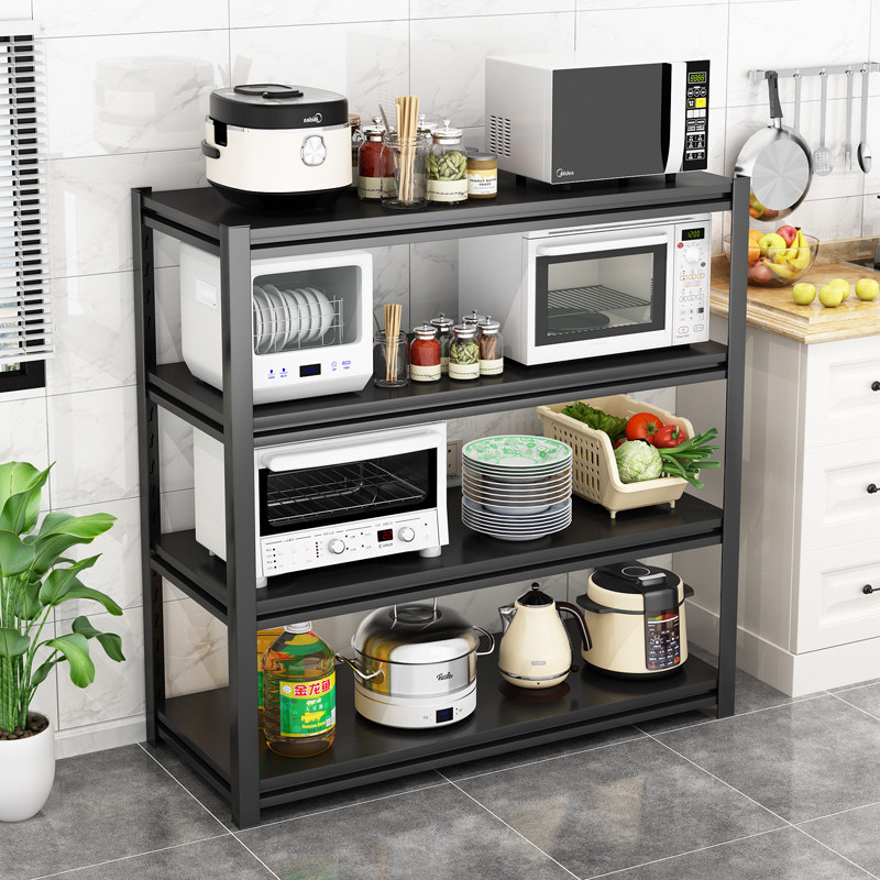 Black kitchen shelf microwave oven rack metal floor-to-ceiling storage multi-layer storage rack oven rack 3 pot shelf