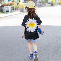 Girl Short Sleeve Pure Cotton T-shirt 2022 Summer Ocean Gas Loose Little Daisy Large Childrens Han Version Summer Clothing Blouse