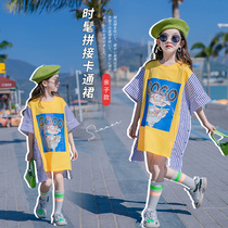 Girl mid-length pure cotton T-shirt 2022 Summer new foreign air splicing girl blouses CUHK boy trendy t-shirt dress