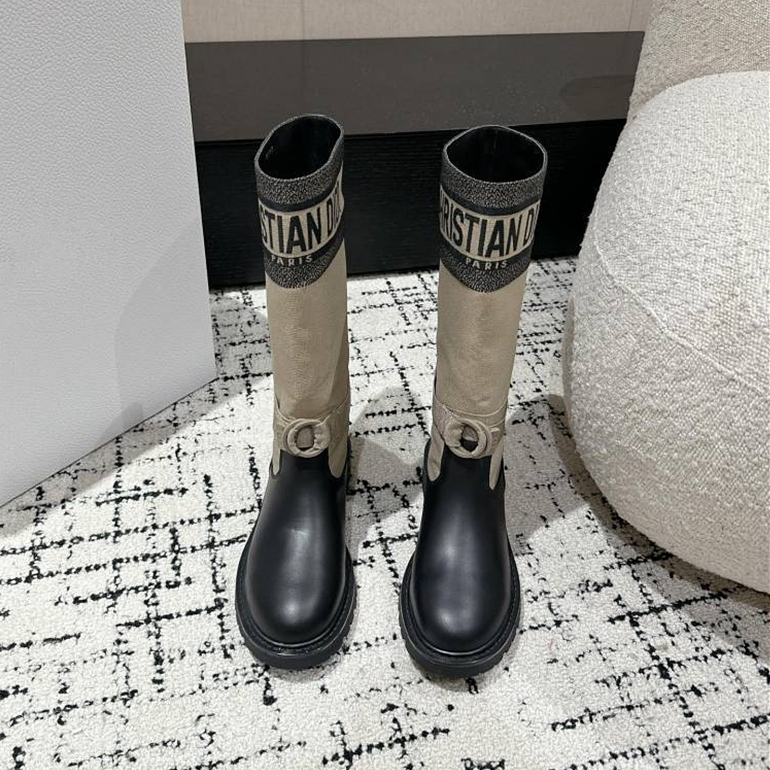 2025 Spring New Letter Print Chunky Heel D Brand Boots Women's Genuine Leather Mid-Calf Khaki Color Block Long Boots Leather Velvet