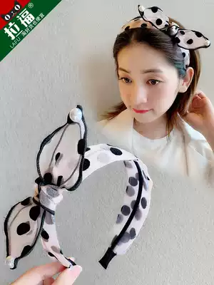 South Korea gauze polka dot headband nv wang red ribbon pearl headband pressure hairclip cover sui fa headdress wash hair band
