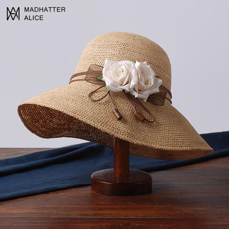 Mad Hatter Straw Hat Women's Spring and Summer Raffia Hat Beach Sun Hat Sunshade Fisherman Hat Travel Sun Protection Foldable