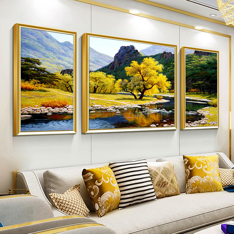 Hand Painted Oil Painting Landscape Triple Mural American Sofa Background Wall Hanging Painting European-style Light Lavish Living Room Decoration Painting