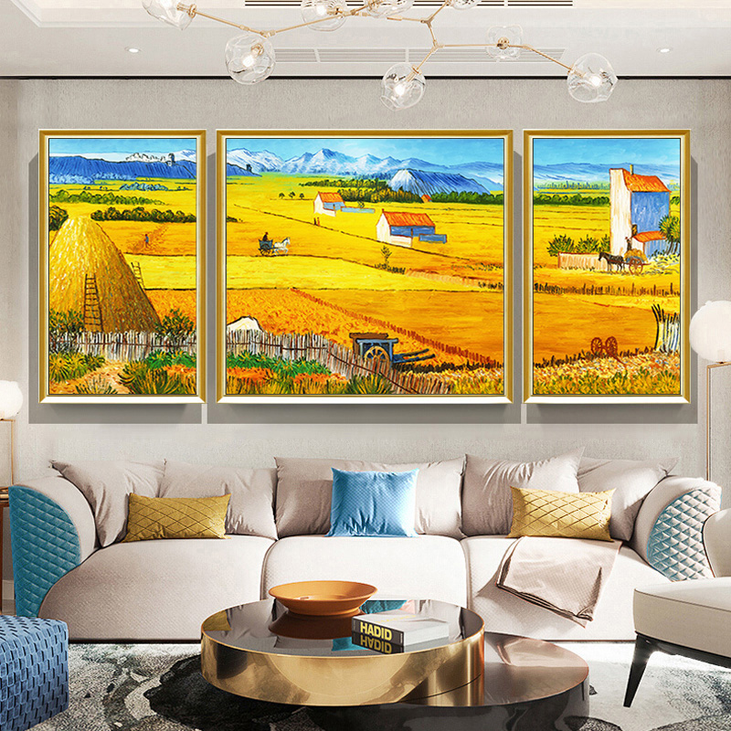 Pure Hand Painted Oil Painting Hanging Drawing Living Room Triptych Painting Van High Harvest Sofa Background Wall Decoration Painting Eurostyle Horizontal version mural