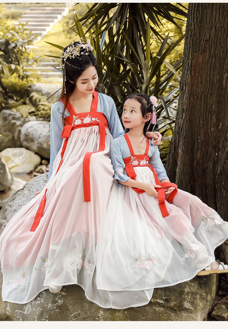 Hanfu phong cách Trung Quốc trang phục mẹ và phụ nữ, mặc cha mẹ-con, tươi và thanh lịch, ngực siêu nhỏ, phần dài, váy, yếu tố Trung Quốc - Trang phục dành cho cha mẹ và con đồ gia đình