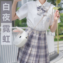 White Night Neon Genuine Rabbit Sewing JK Uniform Full Set Summer Cheer Sauce Short Sleeve Shirt Pleated Plaid Skirt Woman