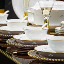 Chinese light luxury celadon exquisite tableware set bowls and plates home underglaze color high-end gold-rimmed bowls and plates set for gift giving