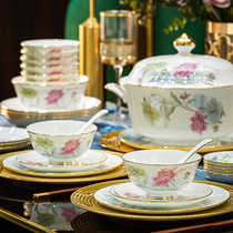 Jingdezhen bone china tableware underglaze color high-end bowl and dish set household bowl and dish set Chinese style wedding housewarming gift