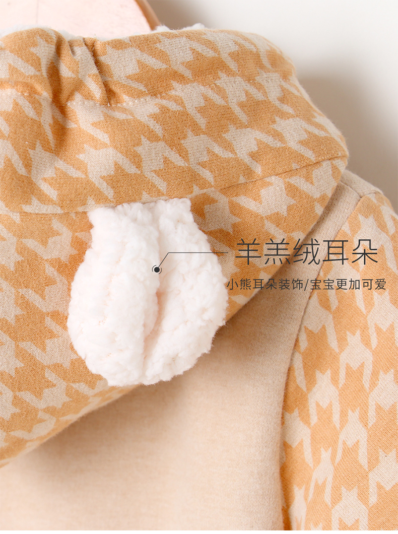 Bộ đồ liền thân cho trẻ sơ sinh và trẻ em mùa thu và mùa đông mặc áo trùm đầu ấm áp cộng với áo dài tay nhung 1-3 tuổi nam và nữ ra khỏi áo quần áo trẻ sơ sinh