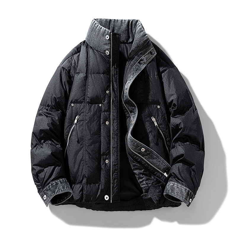 Shishi City Langyin Outdoor Stylish Patchwork Denim Fake Two-Piece down Jacket for Teenagers, Cool Workwear White Duck down Coat