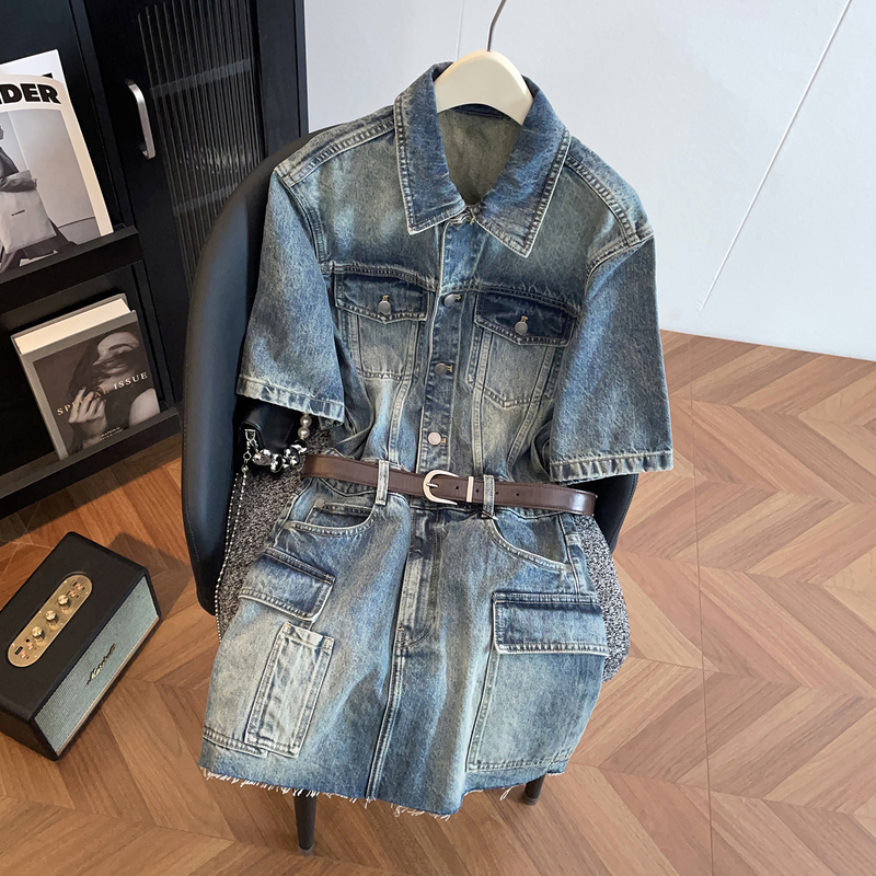 In Stock】Shenzhen Nanyou High-End Women's Fashion 26 Summer French Design Washed Denim Dress with Lapel and Belt