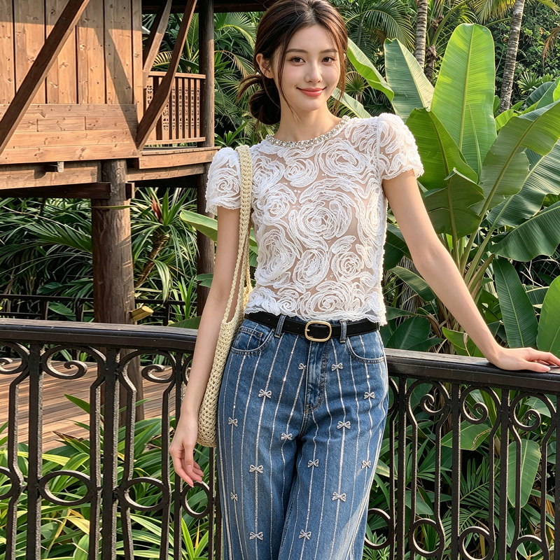 In Stock】Shenzhen Nanyou High-End Women's Clothing 26 Summer French Style Elegant Three-Dimensional Lace Rose Flower Shirt Top