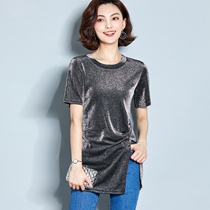 Long base shirt female mother short sleeve T-shirt summer new foreign style shiny silk shirt Joker top