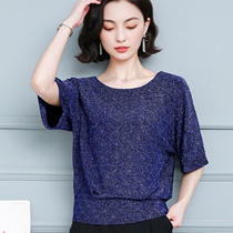 Middle-aged mother belly coat womens summer clothes New style bright silk shirt large size wild loose bat sleeve t-shirt