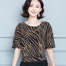 Striped shiny short-sleeved T-shirt womens summer dress new style mother bat sleeve shirt Joker slim belly belly top