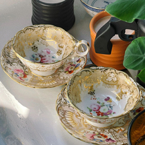 19th century old British interior painting hand-painted coffee cup chocolate cup one plate two cups large cup diameter 10 only one set left