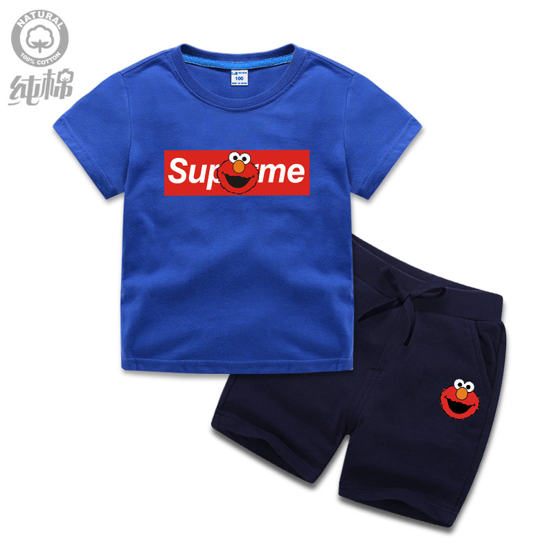 Boy short sleeve suit 2021 new baby boomer girl pure cotton round collar half sleeve shorts Two sets of children implored