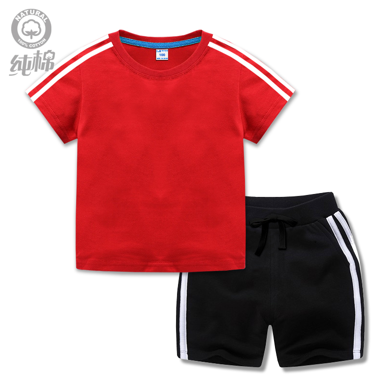 Boy's summer clothing suit 2021 new middle and child short sleeve female baby fashion shorts sportswear two pieces of pure cotton