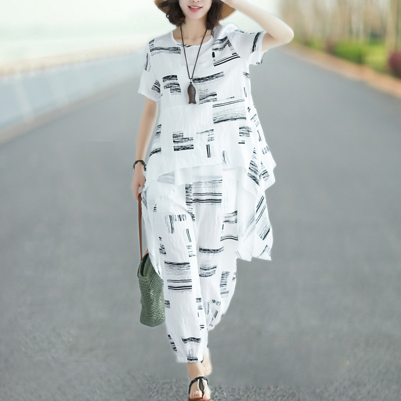White cotton cotton suit girl 2022 summer new short sleeve casual linen nine - split legs two waves