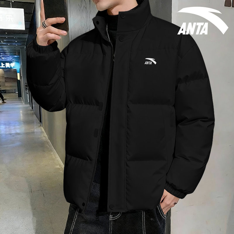 Anta Black Stand-Collar Puffer Jacket for Men, 2026 Winter New Model, Solid Color, Warm, Water-Resistant Men's Coat