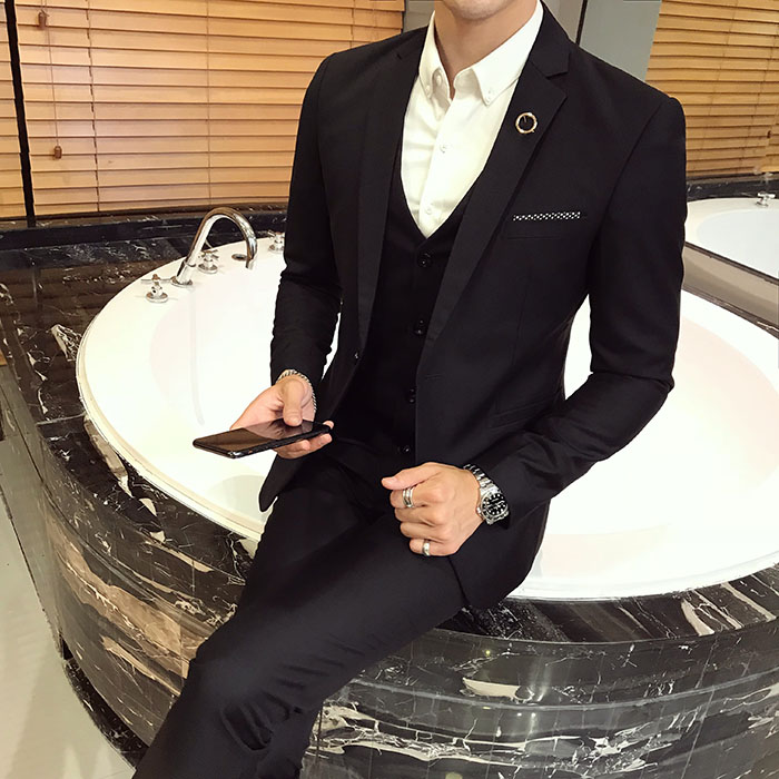 Bộ vest nam quần tây sơ mi bốn mảnh thời trang trẻ trung Slim solid màu chuyên nghiệp phù hợp với áo liền quần đồ công sở nam