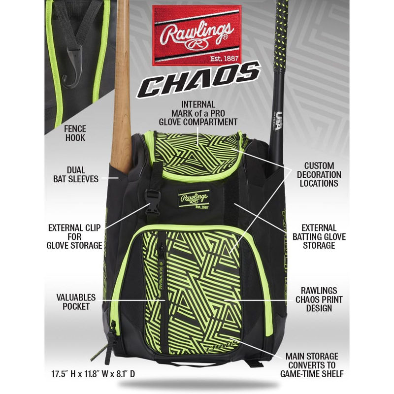 [Glory Baseball] Rawlings Youth Baseball Backpack Chaos Series Gear Bag Fluorescent Green