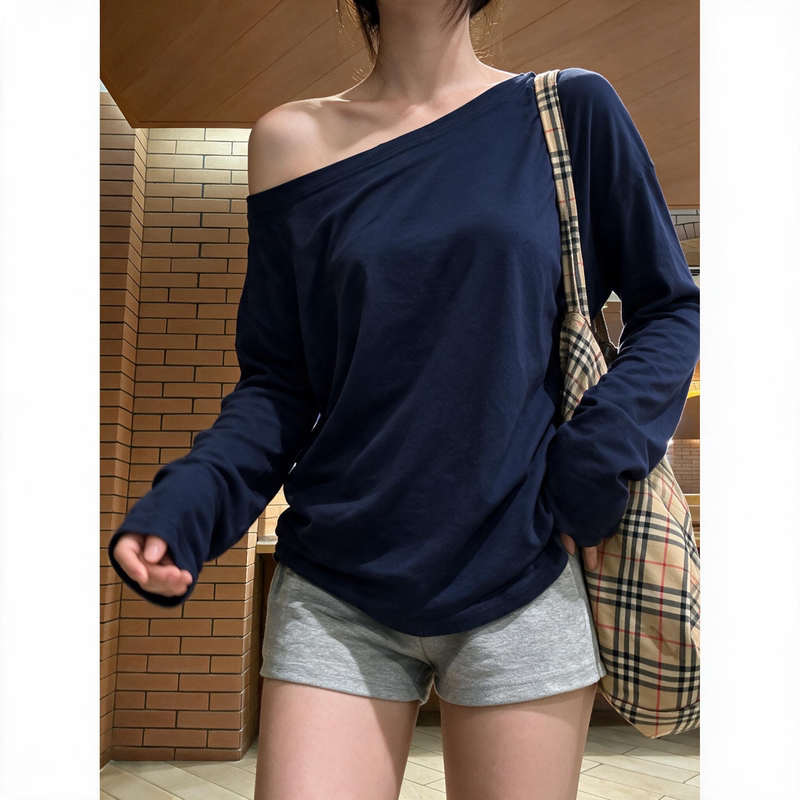 Casual Style One-Shoulder Long-Sleeve T-Shirt for Women, Loose-Fitting Dark Blue Sexy Top, New Spring and Autumn Base Shirt