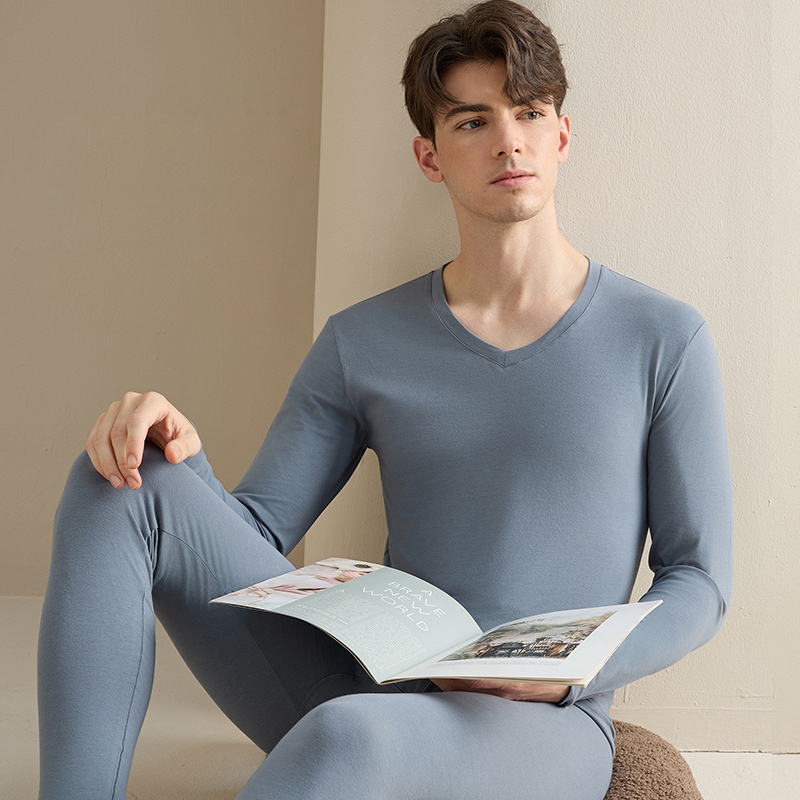 Pure Cotton Autumn Clothing Set for Men, Thin V-Neck Shirt and Pants, Youth Thermal Underwear, Men's Base Layer Cotton Sweater