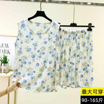 ເສື້ອຢືດຜ້າຝ້າຍຄໍຮອບ floral vest suit summer ແບບບາງໆສາມາດໃສ່ໄດ້ນອກ sleeveless ຝ້າຍທຽມສອງສິ້ນເຄື່ອງນຸ່ງຫົ່ມບ້ານວ່າງ