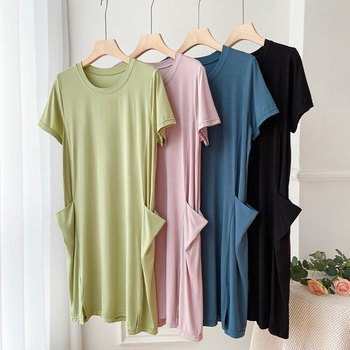 Modal round neck pocket skirt women's summer thin pajamas long skirt large loose ice silk nightgown casual dress