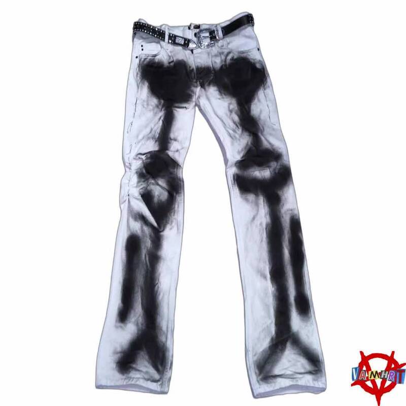 Type Ii Vamhrt Remake Black and White Skeleton Graffiti Spray Paint Distressed Jeans